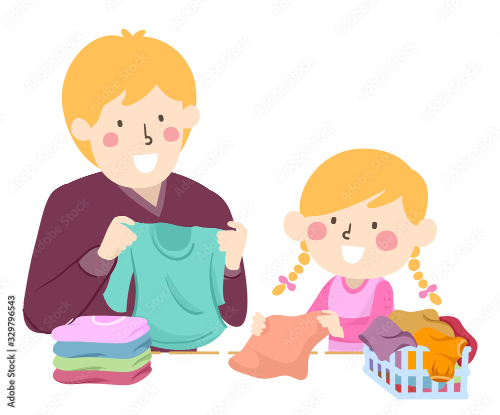 Dad Teach Kid Girl Fold Clothes Illustration Dad Teach Kid Girl Fold Clothes Illustration