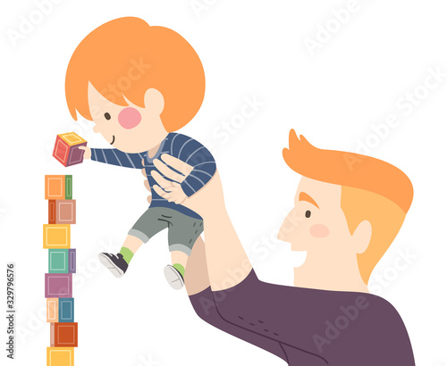 Kid Boy Dad Build Blocks Tower Illustration