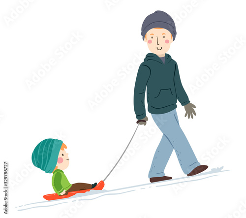Kid Boy Man Snow Sled Illus...