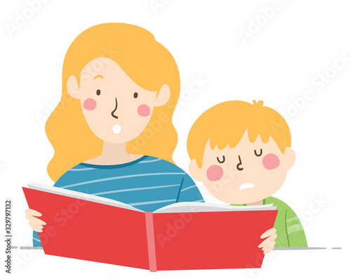 Kid Boy Sleepy Mom Reading ...