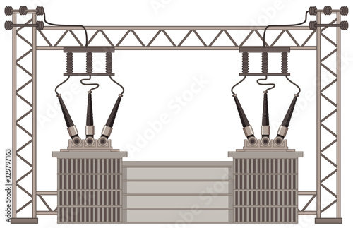 Electric poles with transformers and electric wires on white background