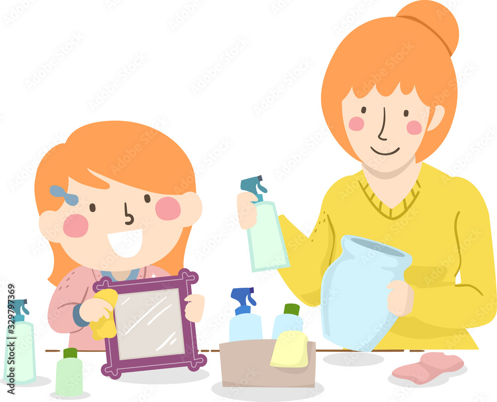 Kid Girl Mom Teach Cleaning Tools Illustration Kid Girl Mom Teach Cleaning Tools Illustration