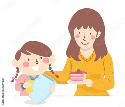 Kid Girl Mom Motivate Cleaning Illustration