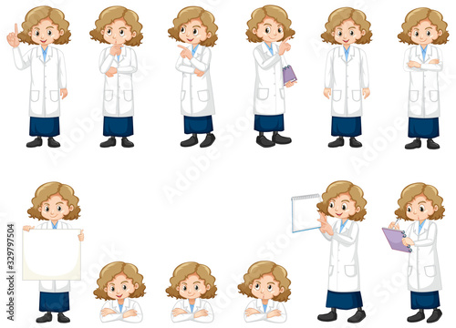Set of girl in lab gown doing different acts