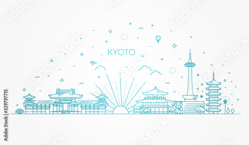 Set of flat icons of Kyoto landmarks and culture features vector illustration