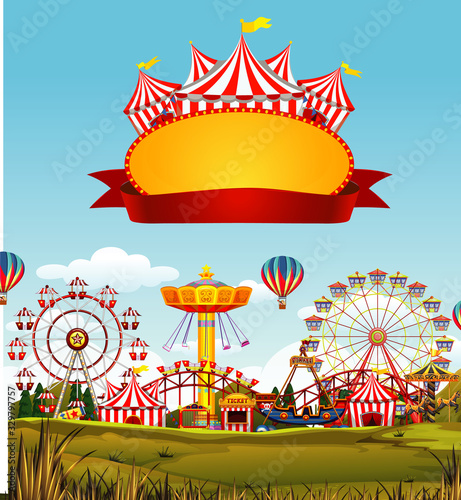 Circus scene with sign template in the sky