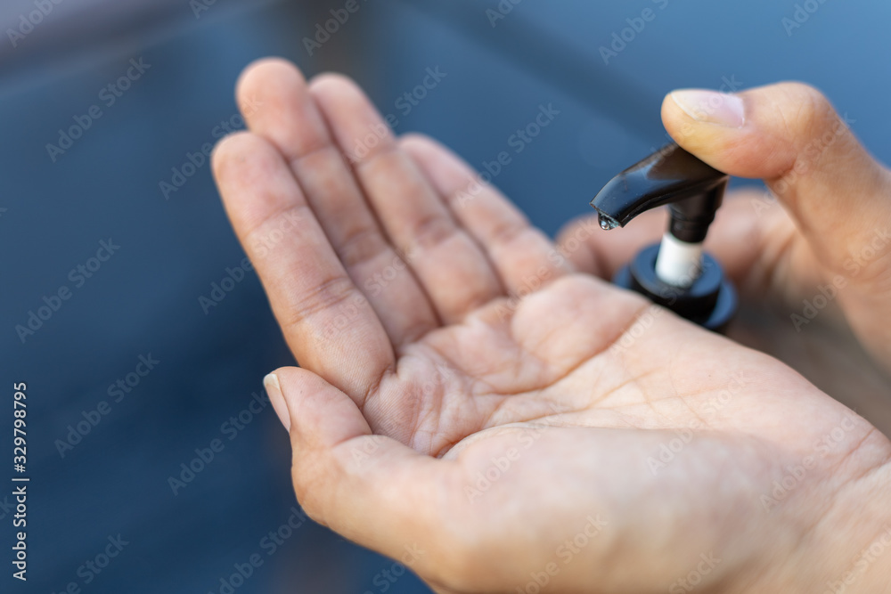 Close Up woman washing hands with alcohol gel To prevent viruses and bacteria Close Up woman washing hands with alcohol gel To prevent viruses and bacteria