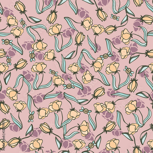 Yellow flowers and bees seamless vector pattern on a lilac background. Decorative surface print design in calm colors. Great for fabrics, stationery, beauty and fragnant products packaging