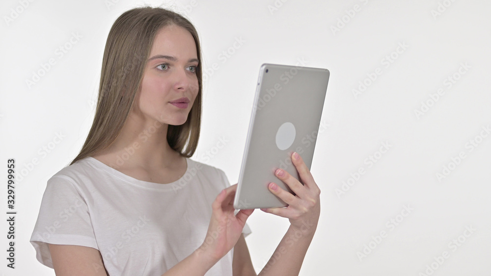 Young Woman using Tablet, White Background Young Woman using Tablet, White Background