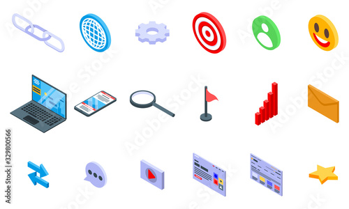 Backlink strategy icons set. Isometric set of backlink strategy vector icons for web design isolated on white background