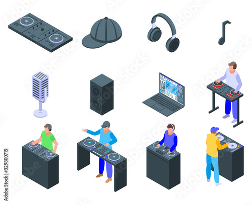 Dj icons set. Isometric set of dj vector icons for web design isolated on white background
