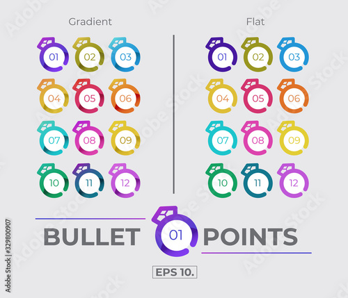 Colorful Gradient And Flat Ring Sign Icon Bullet Points Set Collection With Number From One Twelve. Vector. EPS 10