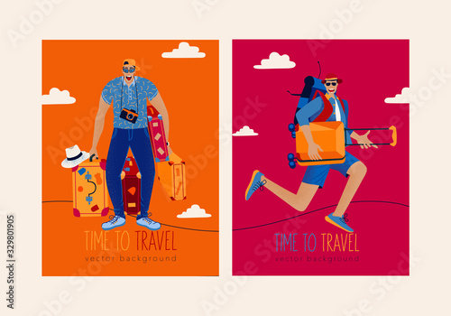 Set of Trendy travel illustration with Lush Lava color. Excited happy mans tourists with luggages. Concept of discovery, exploration, hiking, adventure tourism and travel.
