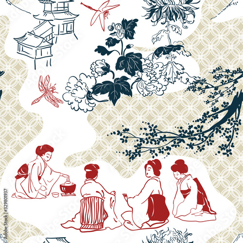 japanese vector pattern tea ceremony women card