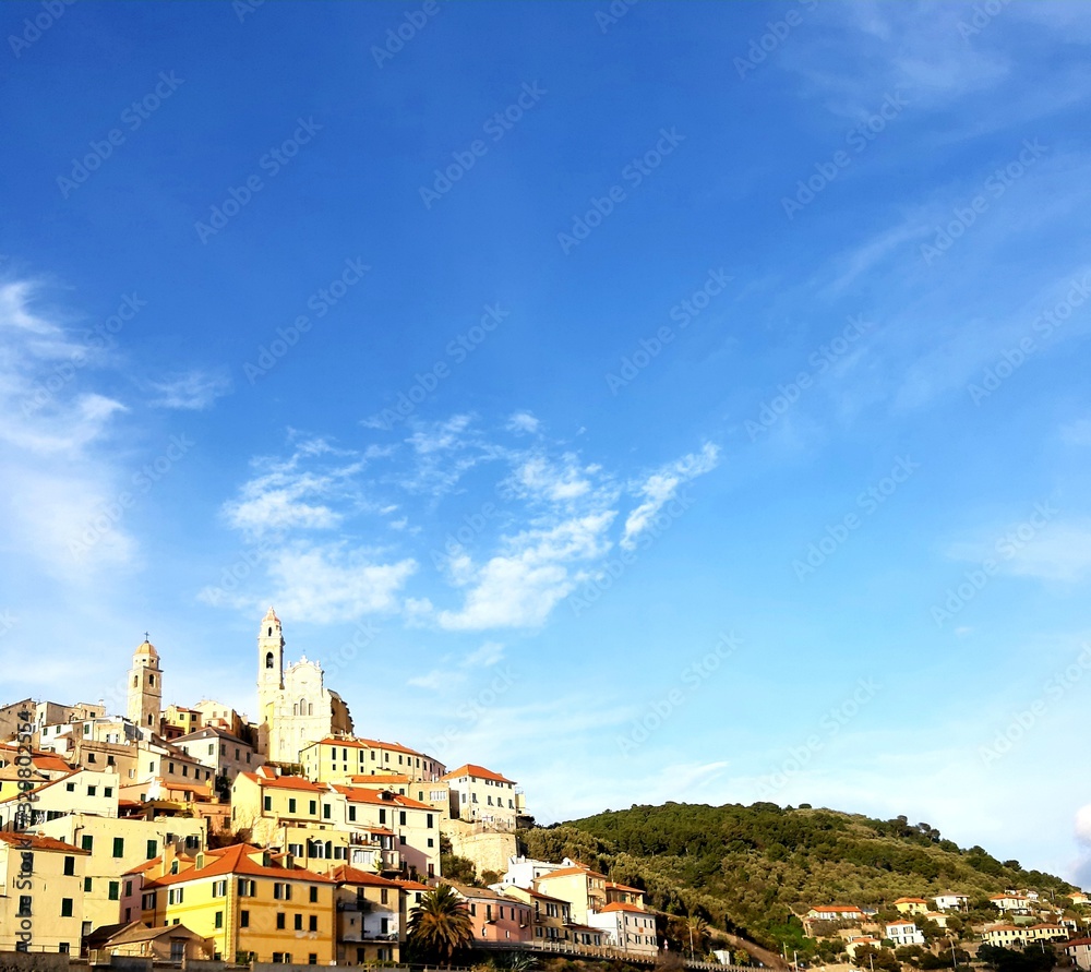 Cervo Ligure, Italy - 02/15/2020: Travelling around the Riviera Ligure in winter days. Beautiful photography of the small vilagges near the sea with typical old buildings.