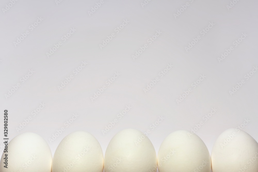 White chicken eggs lined up in a row half peeping out of the bottom edge of the frame on a light background.