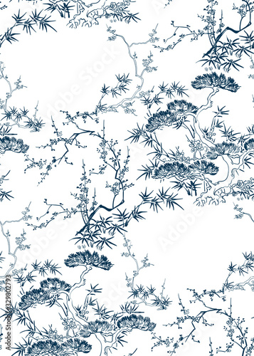 japanese chinese design sketch ink paint style seamless pattern bamboo blossom peach pine