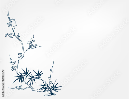 japanese chinese design sketch ink paint style card background bamboo blossom peach