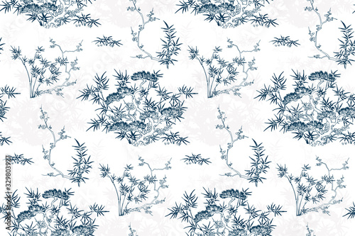 japanese chinese design sketch ink paint style card background bamboo blossom peach pine tree pattern