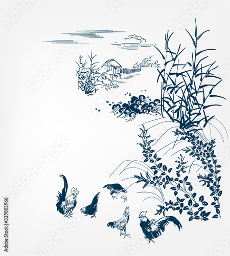 japanese chinese design sketch ink paint style card background village chicken birds bulrush pond