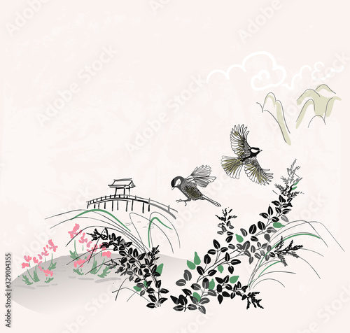 japanese chinese vector design ink flower engraved colorful card bakground grass flower bridge mountain pond