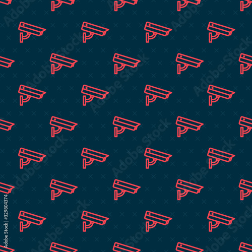 Red line Security camera icon isolated seamless pattern on black background. Vector Illustration