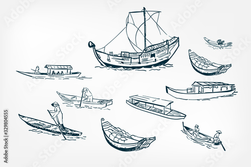 japanese boats ship sketch vector illustration ink design elements