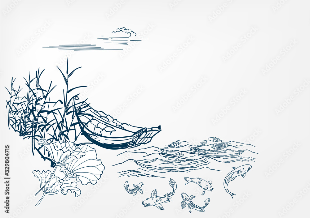 Fototapeta premium japanese vector sketch design background hand drawn ink card sea water waves background