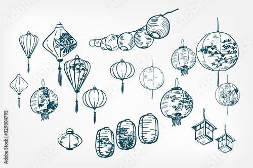 japanese paper lights sketch vector japanese illustration ink design elements