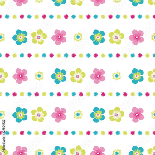 Tropical flower linear geometric seamless vector pattern background. Rows of hand drawn blooms backdrop. Modern floral design. Exotic hot summer all over print for vacation or wedding resort concept.