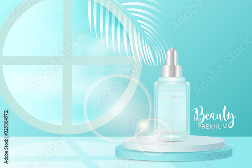 Beauty product ad design, blue cosmetic container with natural concept advertising background ready to use, luxury skin care banner, illustration vector.