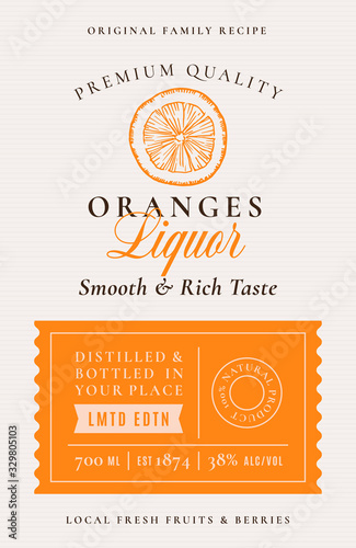 Family Recipe Oranges Liquor Acohol Label. Abstract Vector Packaging Design Layout. Modern Typography Banner with Hand Drawn Orange Citrus Silhouette Logo and Background.