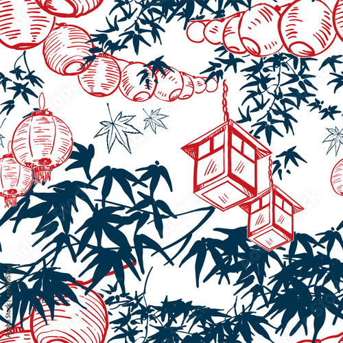 japanese vector sketch design background hand drawn ink seamless pattern lights paper chinese