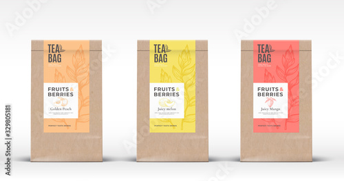 Craft Paper Bag with Fruit and Berries Tea Labels Set. Abstract Vector Packaging Design Layout with Realistic Shadows. Hand Drawn Peach, Melon and Mango Silhouettes Background.