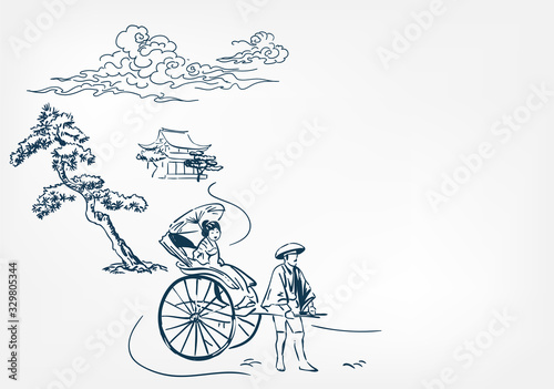 japanese rickshaw card chinese vector sketch design background hand drawn ink
