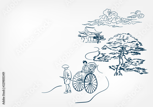japanese rickshaw card chinese vector sketch design background hand drawn ink