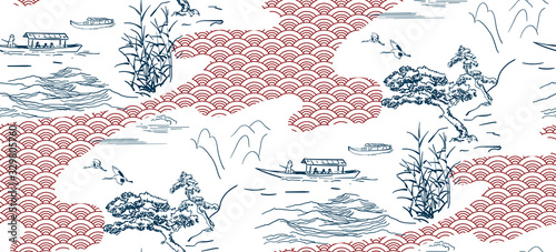 japanese vector sketch design background hand drawn ink seamless pattern boats sea water