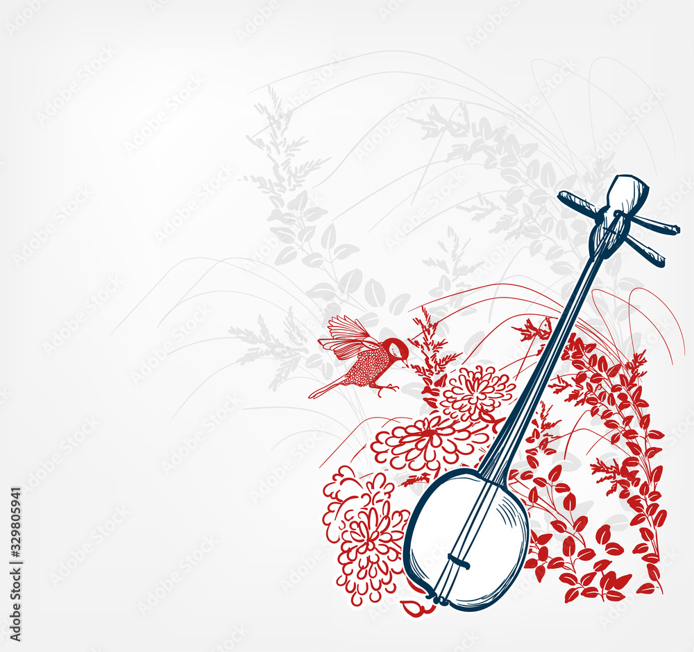 sanshin japanese vector sketch illustration engraved chinese musical instrument card Stock