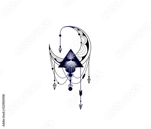 Stylish free hand tattoo sketch - decorative mandala ornament with moon and tree of life. Detailed vector illustration with arrows and doodle style. Tree of Life Mascot