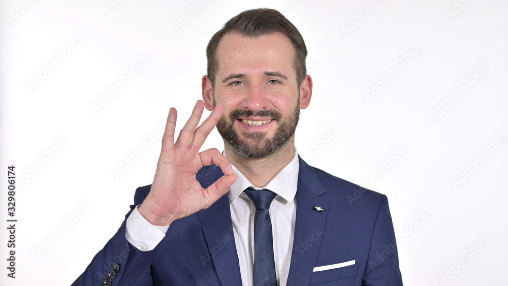 Portrait of Cheerful Young Businessman doing OK Sign, White Background Portrait of Cheerful Young Businessman doing OK Sign, White Background