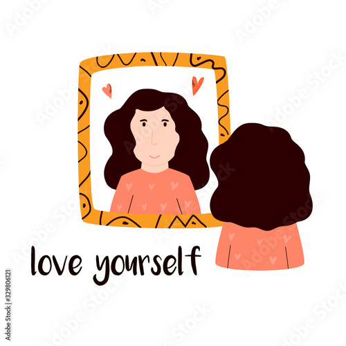 Young girl looking in mirror. Love yourself text