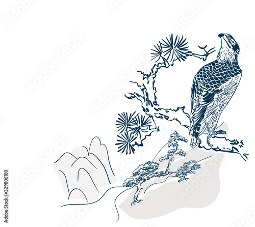 falcon hawk bird mountains view card vector sketch illustration line art japanese chinese oriental design