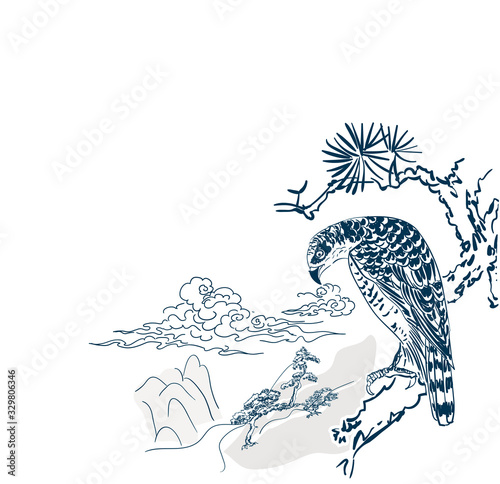 falcon hawk bird mountains view card vector sketch illustration line art japanese chinese oriental design