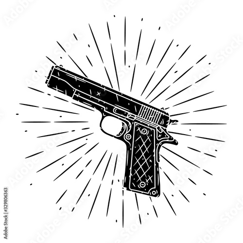 Pistol. Hand drawn vector illustration with pistol and divergent rays. Used for poster, banner, web, t-shirt print, bag print, badges, flyer, logo design and more. photo