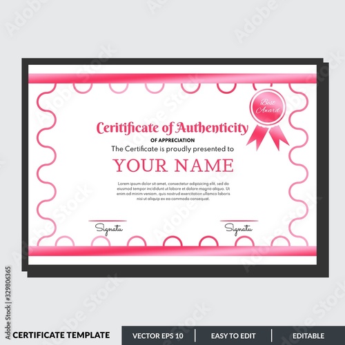 Certificate of authenticity in red theme. This certificate design template is easy to use and editable. Use for your business and events.