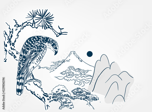 falcon hawk bird mountains view card vector sketch illustration line art japanese chinese oriental design