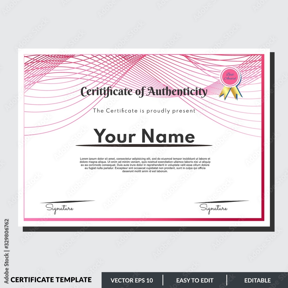 Certificate of authenticity in red theme. This certificate design template is easy to use and editable. Use for your business and events.
