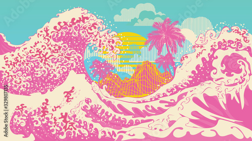Retro great waves design with palms