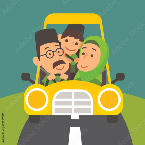 Selamat Hari Raya Aidilfitri. Muslim family is driving back to hometown for Raya celebration (Balik Kampung for Raya festival) - vector illustration