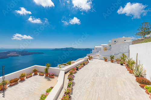 Wonderful scenery of white architecture and blue sea view of Santorini island. Picturesque spring sunrise on the famous Greek resort Thira, Greece, Europe. Traveling concept background. © icemanphotos